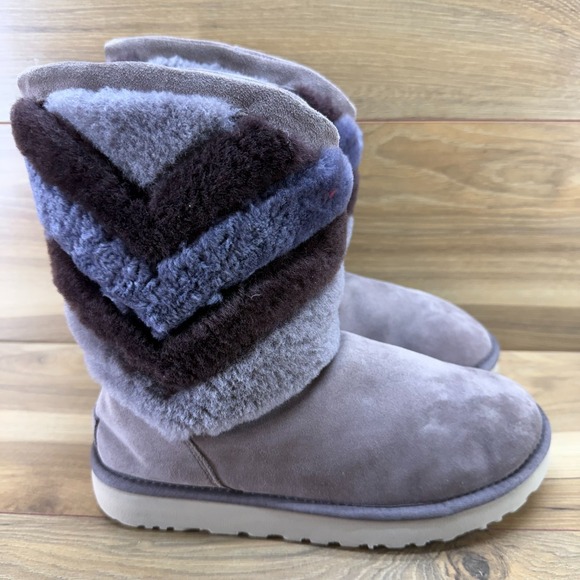 UGG Shoes - UGG Tania Chevron Stormy Gray Boots Womens 9 Suede Sherpa Fur Mid Calf Cozy